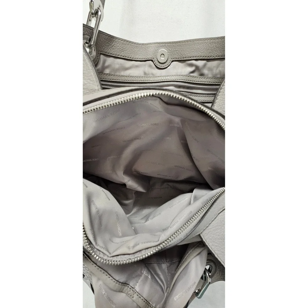 Michael Kors Taupe Pebbled Leather Triple Compartment Shoulder Bag Silver Logo